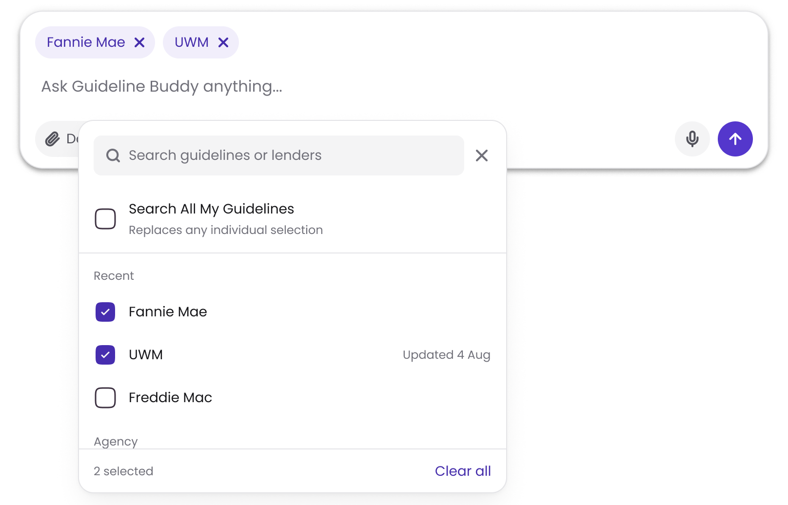 Guideline Buddy composer with Fannie Mae and UWM as chips and the guideline picker open below it, Fannie Mae and UWM checked, sample data