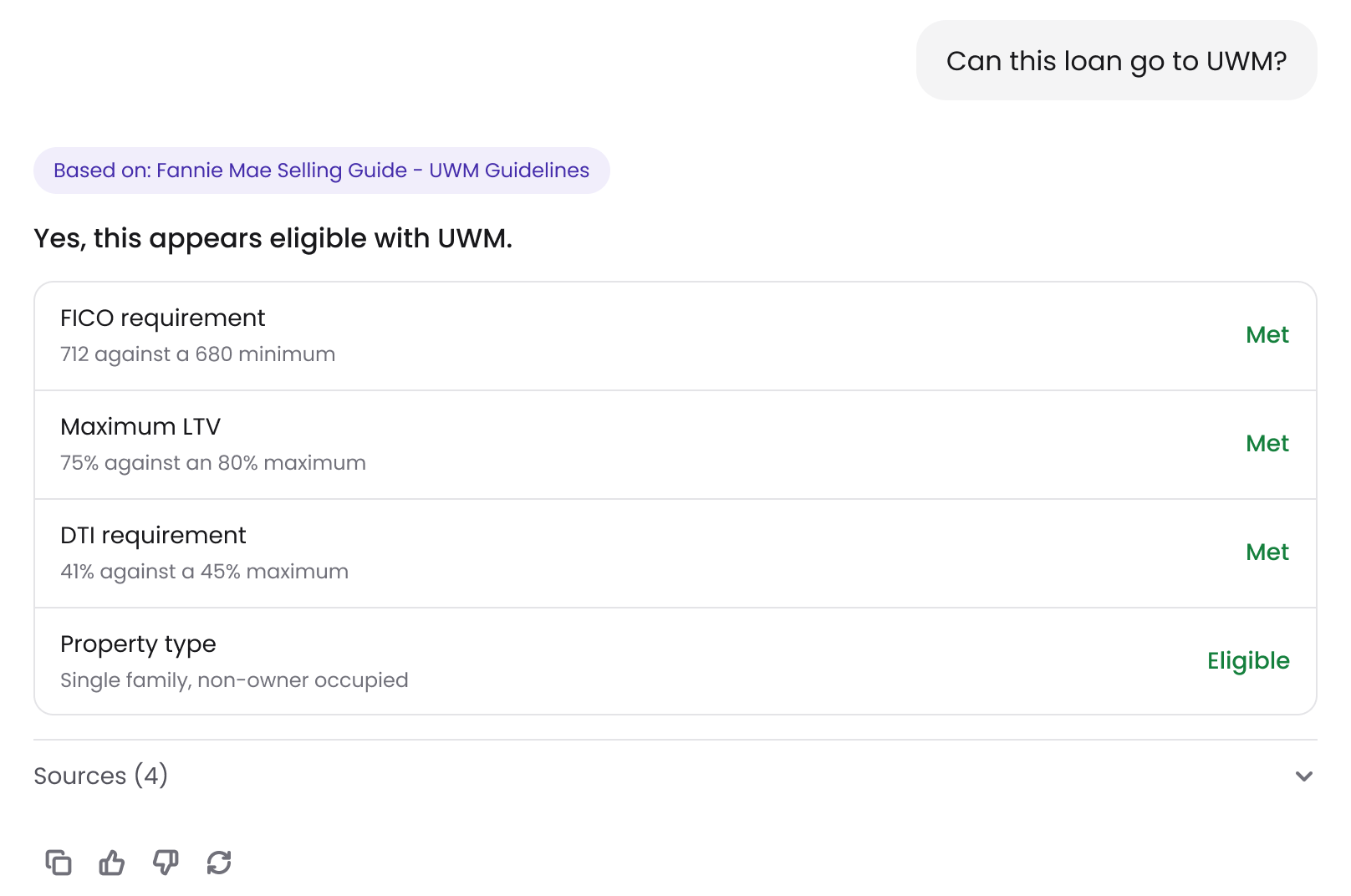 Guideline Buddy answer to “Can this loan go to UWM?” listing FICO, maximum LTV, DTI and property type against the lender’s limits, each marked Met or Eligible, sample data