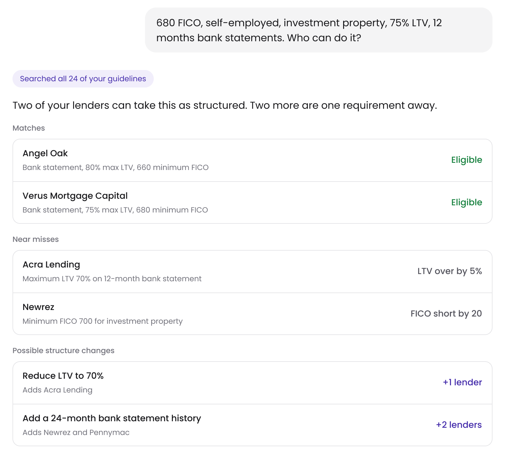 Guideline Buddy chat listing lenders that match, near misses and suggested changes, sample data