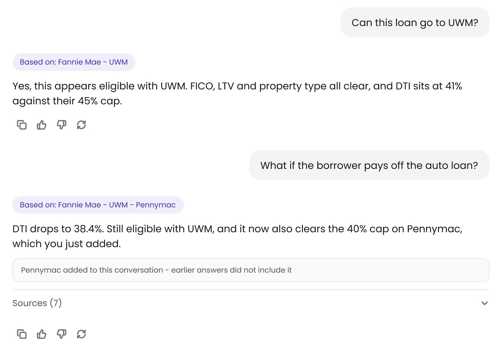 A Guideline Buddy thread whose second answer is based on Fannie Mae, UWM and Pennymac, with the note “Pennymac added to this conversation - earlier answers did not include it”, sample data