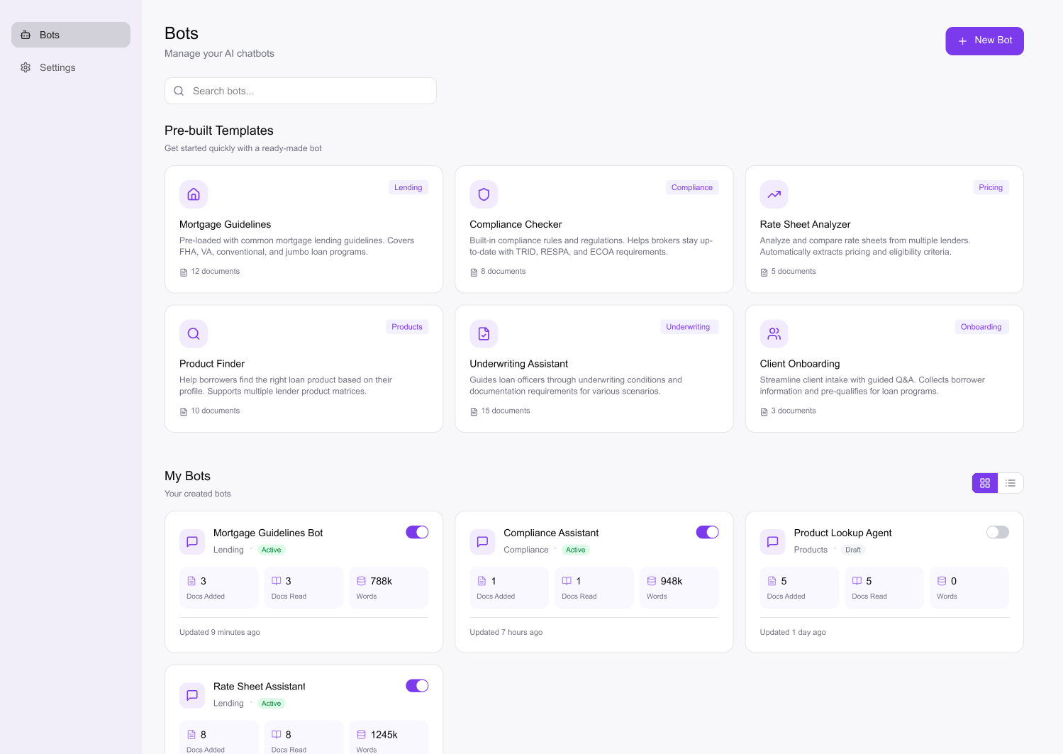 Bots page with six pre-built templates, such as Mortgage Guidelines, Compliance Checker and Rate Sheet Analyzer, above the admin’s own bots, each showing its status, docs added, docs read and when it was last updated, sample data