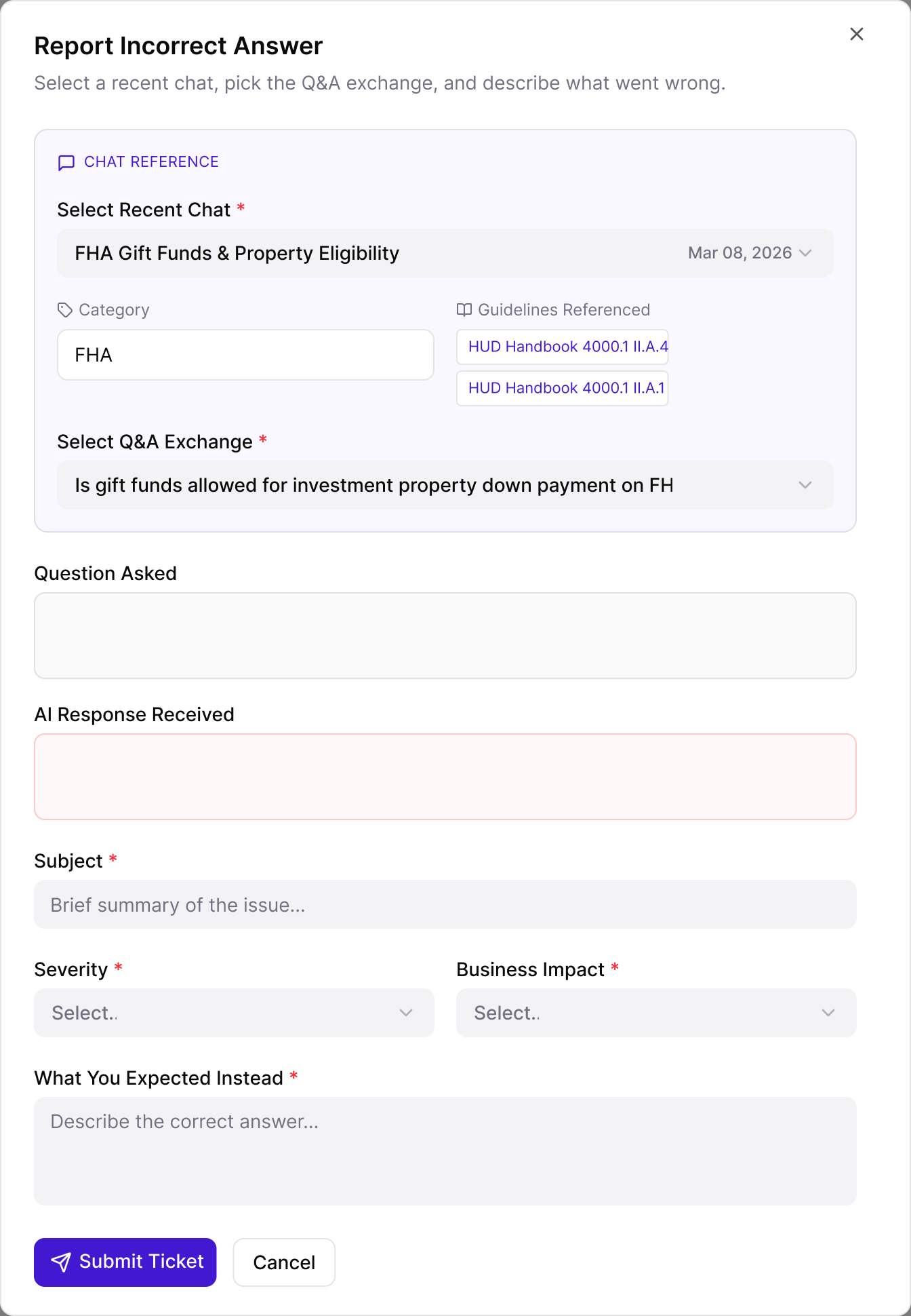 Report Incorrect Answer form with a recent chat and its Q&A exchange selected, the guidelines that chat referenced, and fields for subject, severity, business impact and the expected answer, sample data
