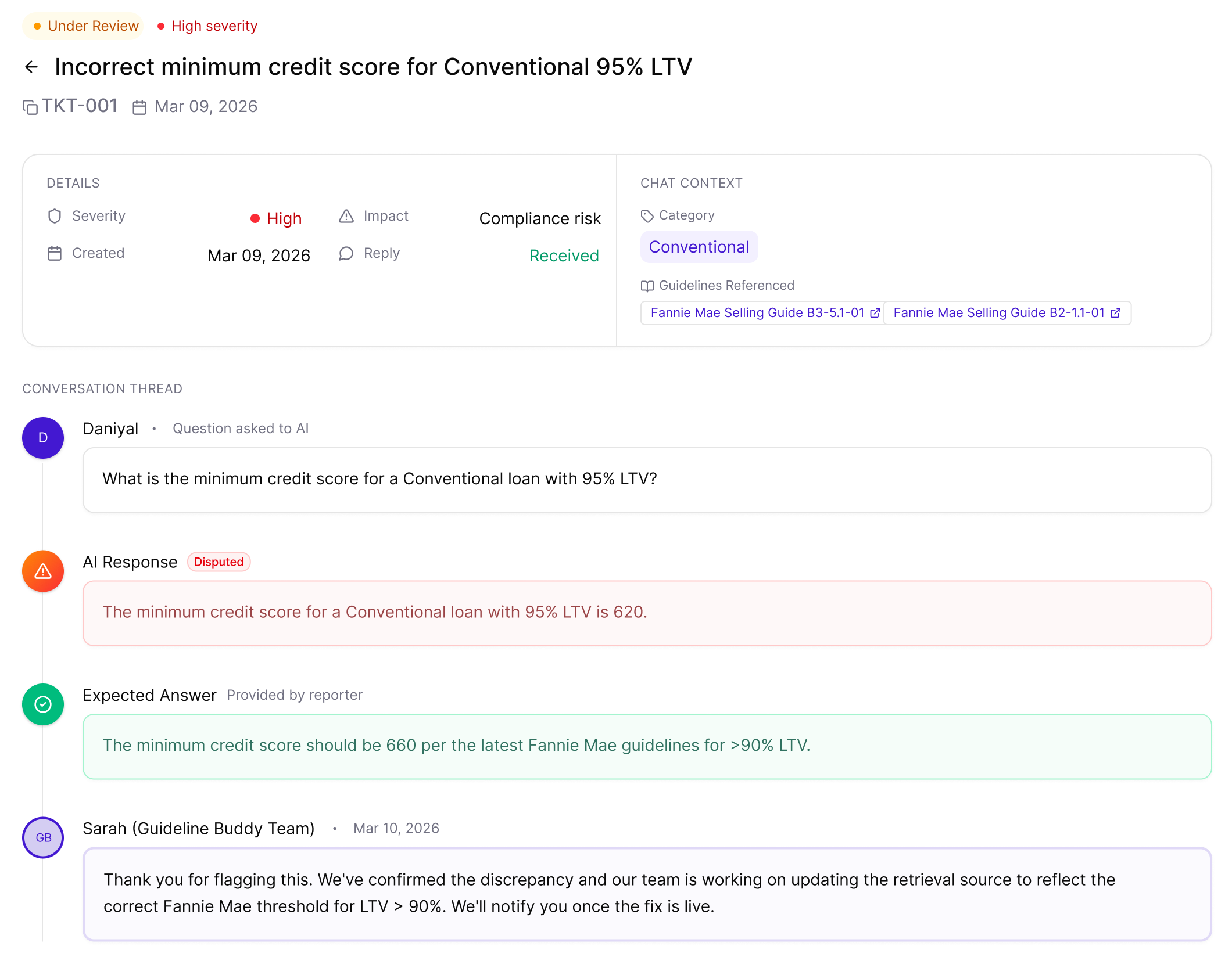 Support ticket under review showing the question asked, the disputed AI response, the expected answer from the reporter and a reply from the Guideline Buddy team, sample data