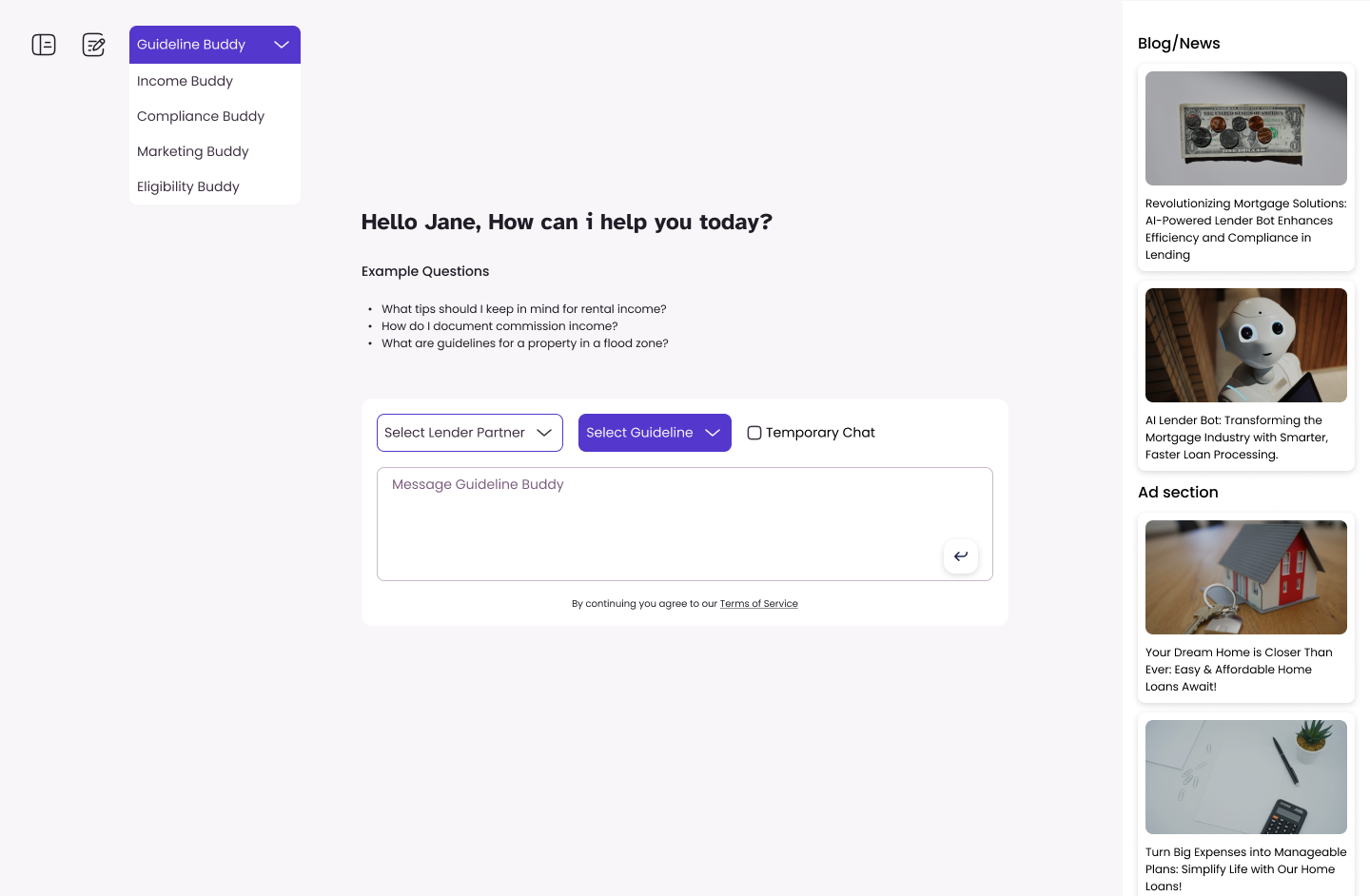 Earlier Guideline Buddy home with the module menu open (Guideline, Income, Compliance, Marketing and Eligibility Buddy) and Select Lender Partner and Select Guideline dropdowns above the message box, beside a blog and ad column, sample data