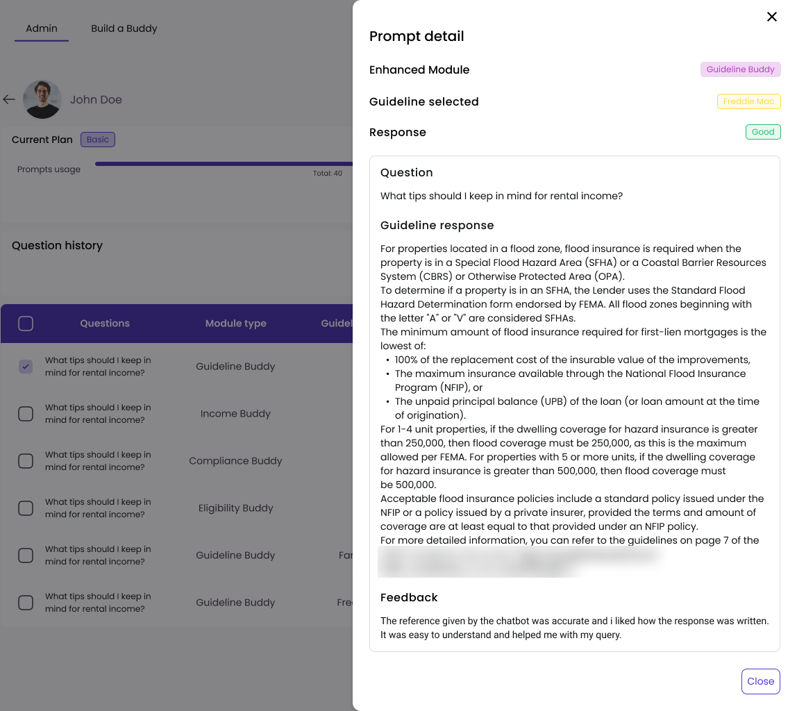 A user’s question history with one question opened in a Prompt detail panel: the module, the guideline selected (Freddie Mac), the question, the guideline response and the user’s feedback, sample data