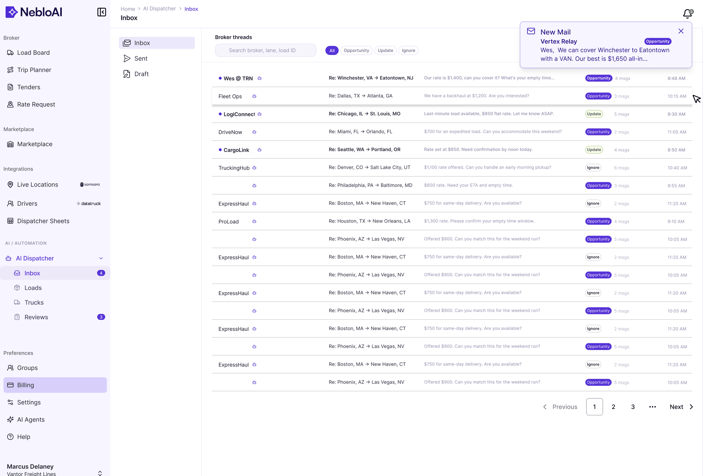 The earlier broker inbox: a flat list where every thread carries identical visual weight, rate and lane detail is buried in preview text, and nothing indicates which message has to be answered first.