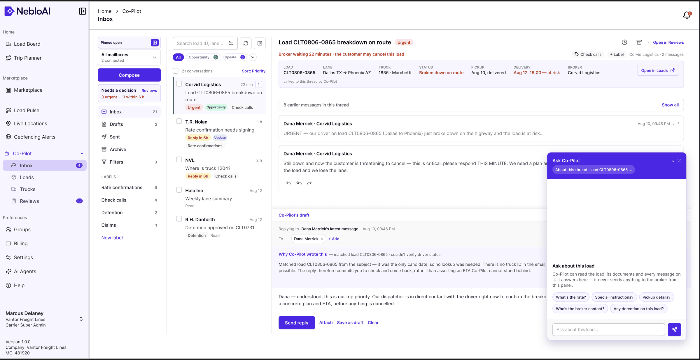 The Ask Co-Pilot panel docked beside a load thread, keeping the operational record and the AI conversation in separate, permanently visible columns.