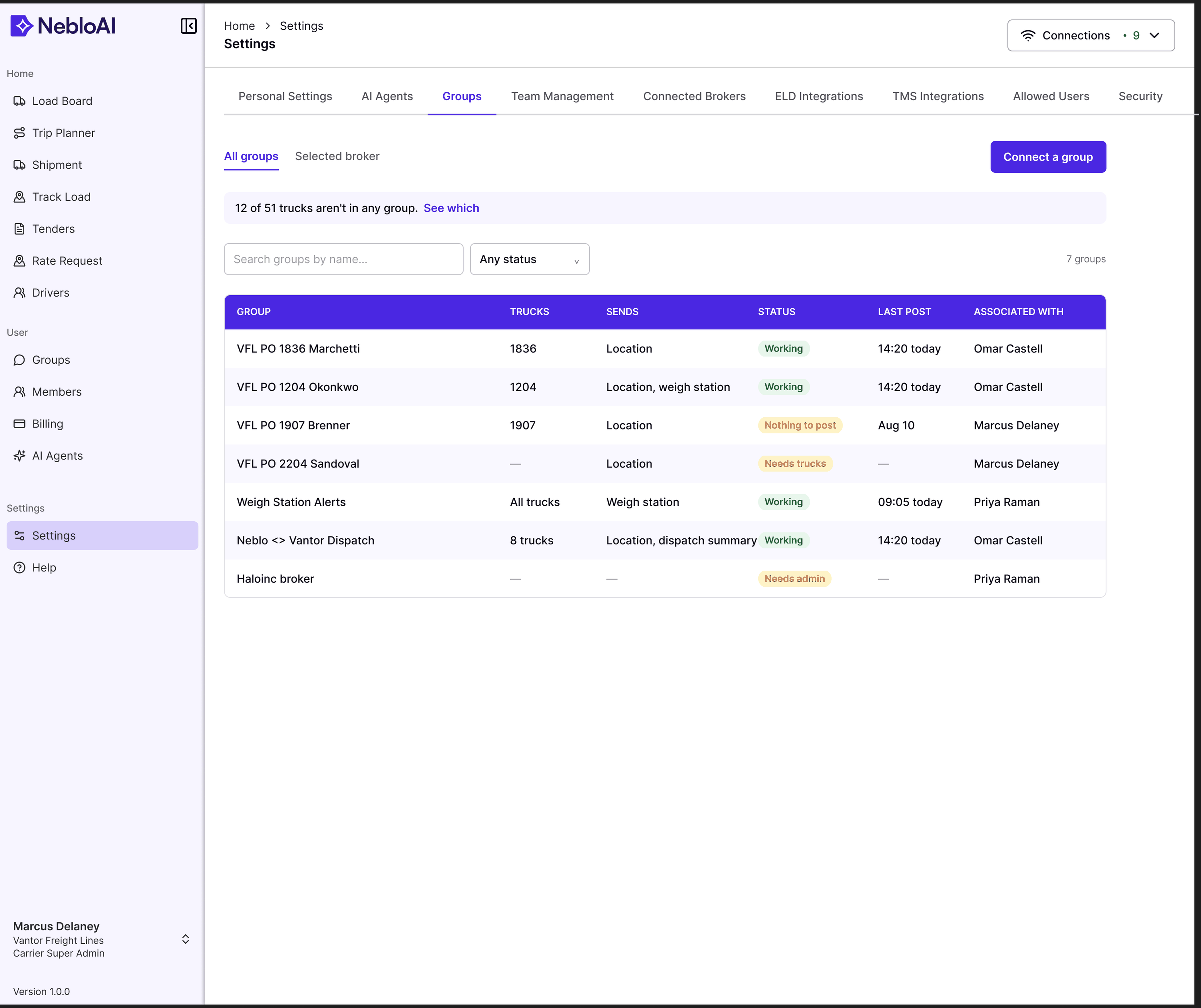 Settings, Groups tab: seven connected groups across four statuses (Working, Nothing to post, Needs trucks, Needs admin), dummy data