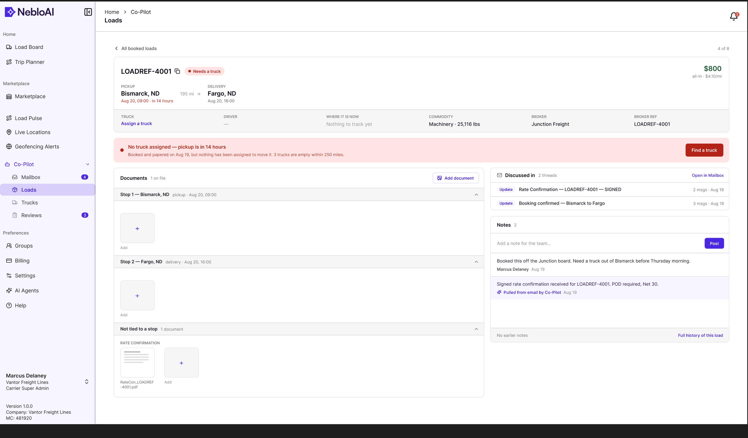 A load with no truck assigned, where every empty module states the specific consequence — nothing to track, pickup in 14 hours — instead of rendering a dash.