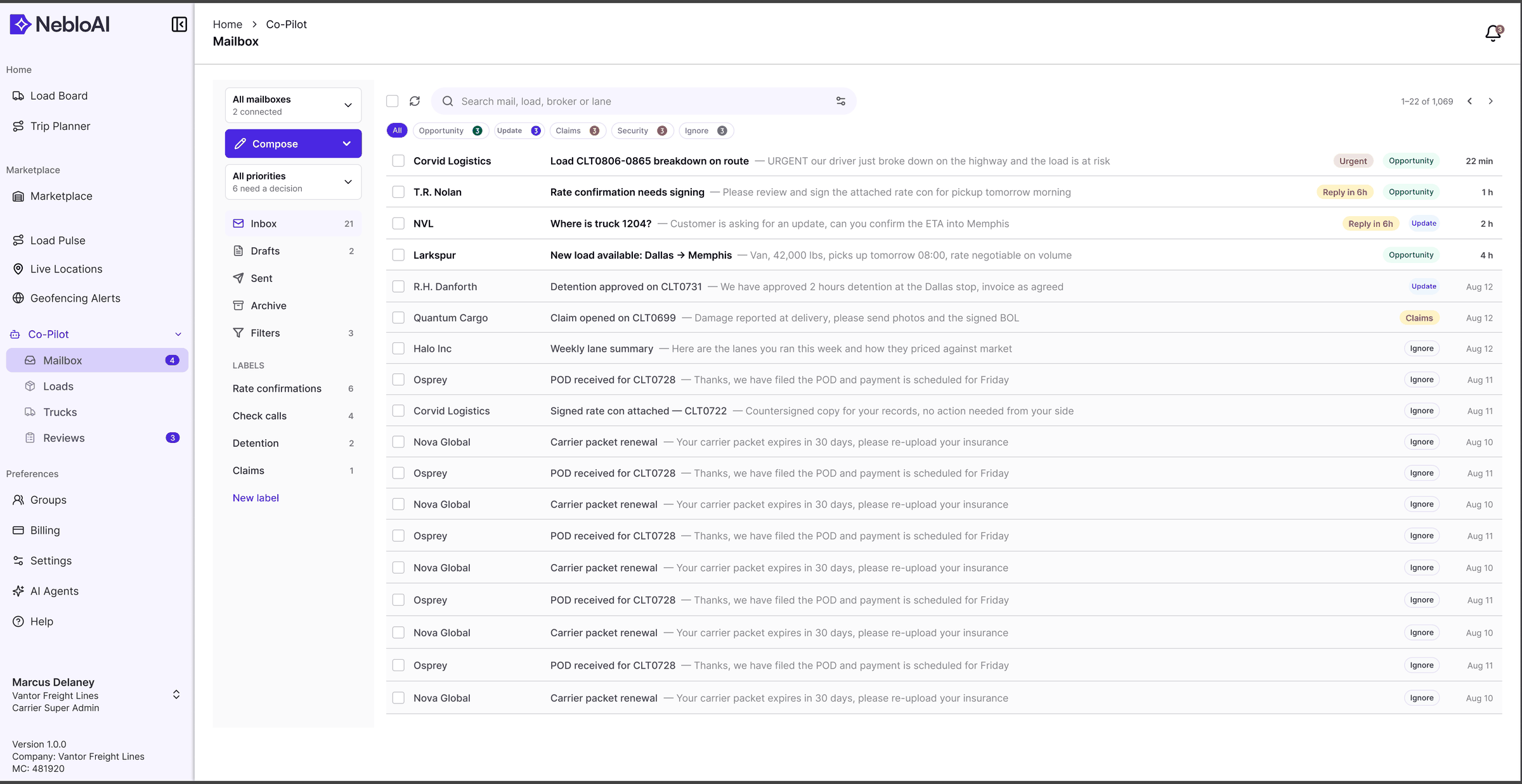 NebloAI mailbox with urgency tags and categories, dummy data