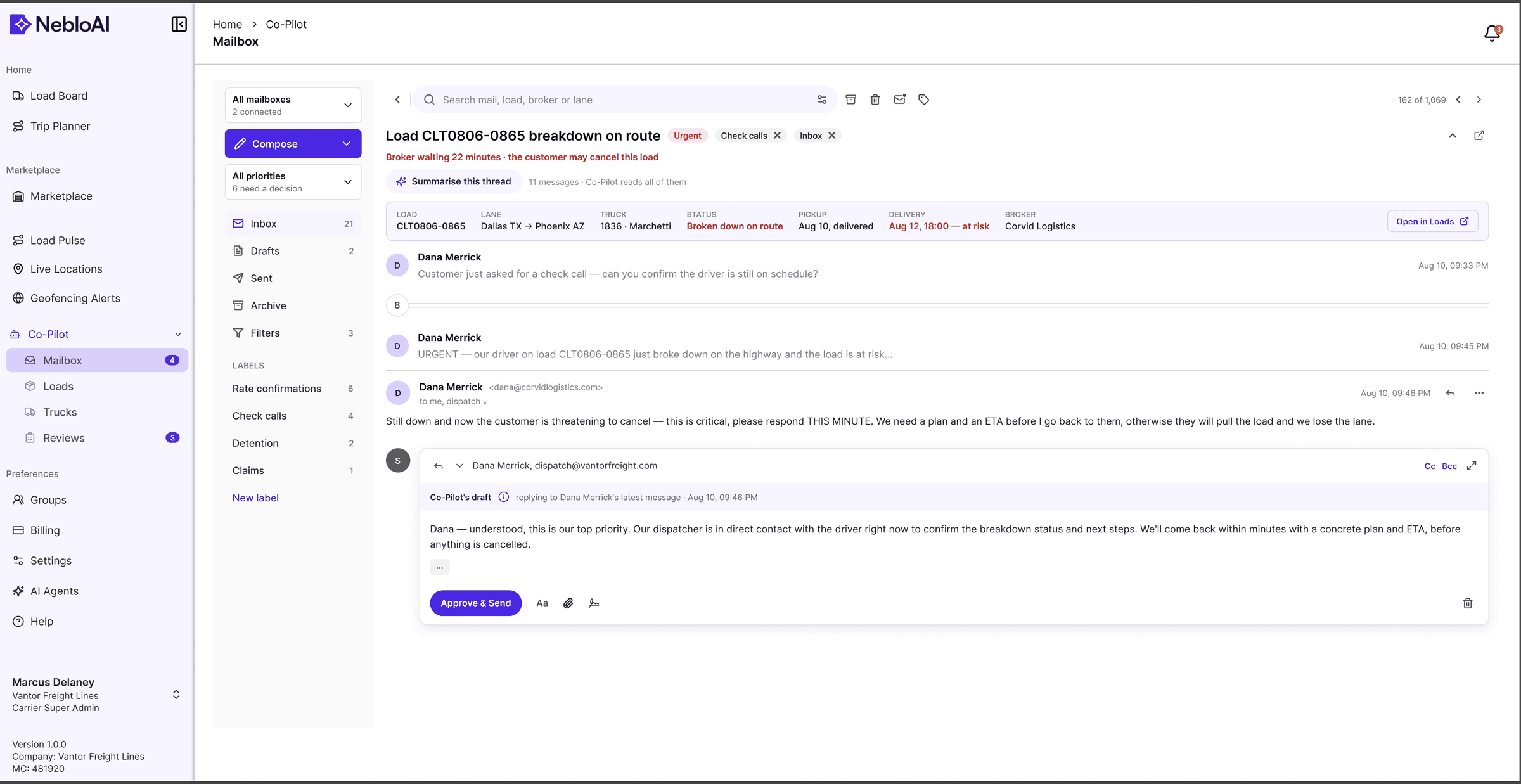 Inline reply composer pre-filled with a draft labelled "Co-Pilot's draft", gated behind an explicit Approve and send action, beside the load context rail.