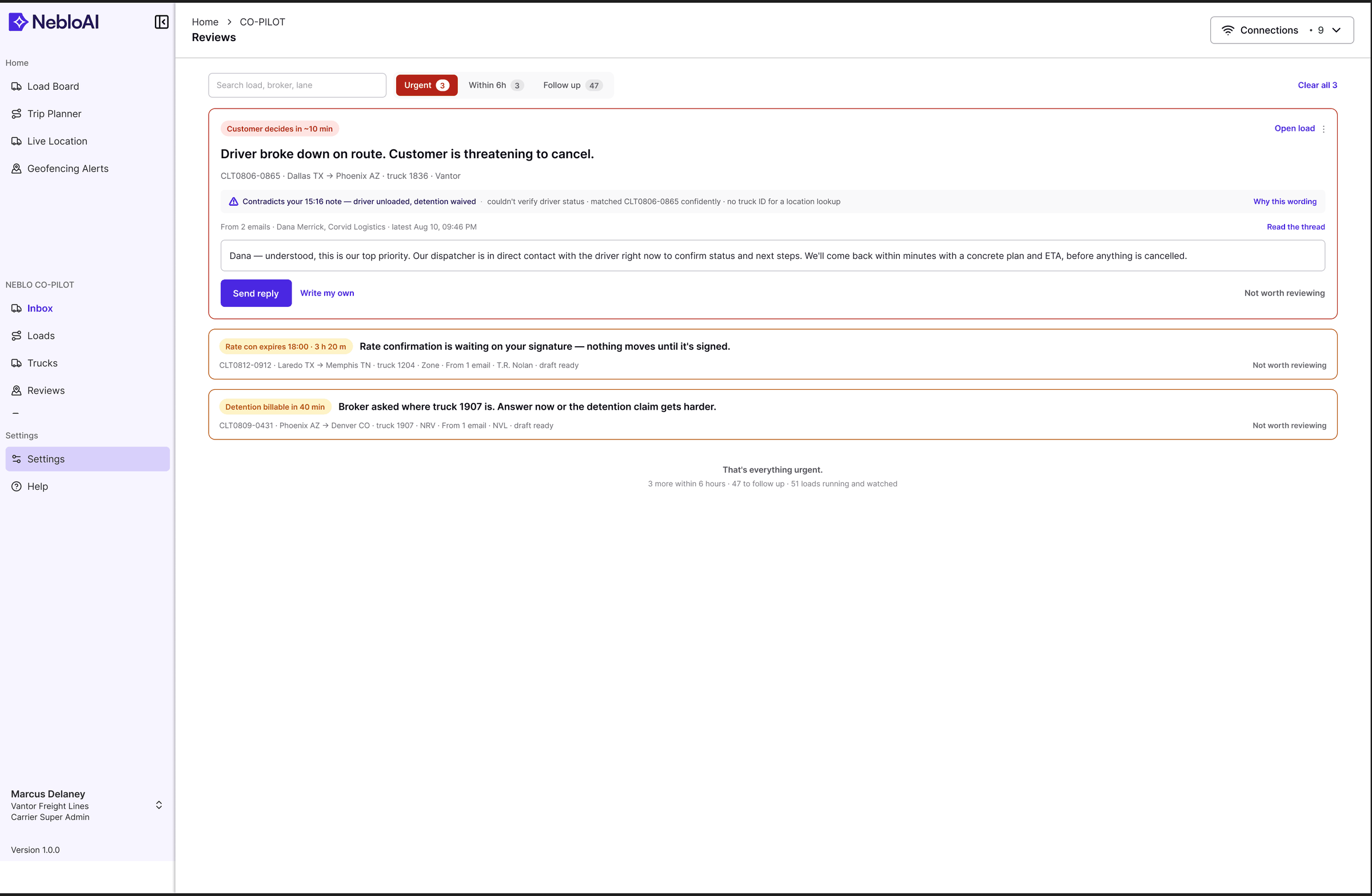 NebloAI review queue with urgent cards led by their deadlines, dummy data